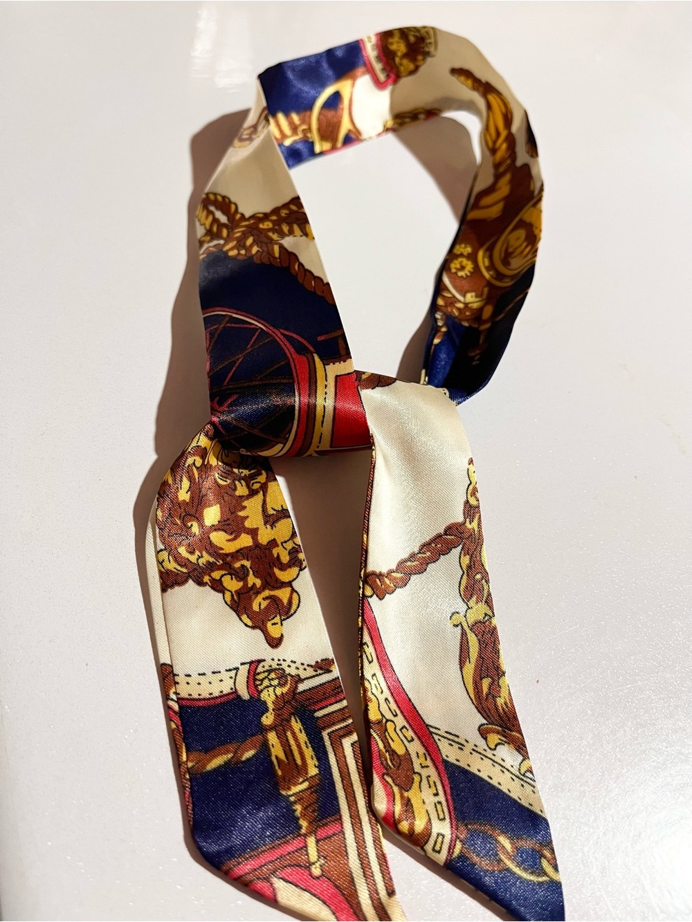 Silk Patterned Thin Scarf in Navy, Cream & Gold